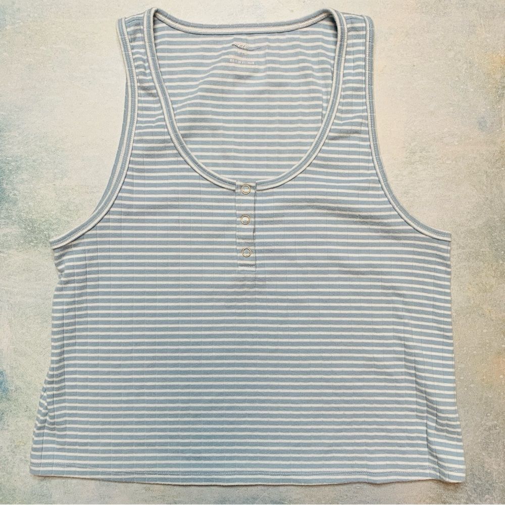 Aerie Blue & White Striped Ribbed Cropped Henley Tank Top | Medium - Picture 1 of 7